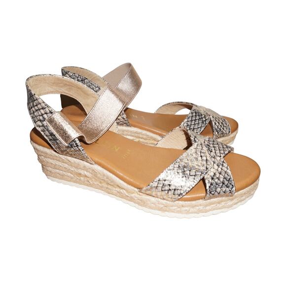 Anne Klein Flex Snake Print Espadrille Wedge Sandals Beige Gold Size 9.5M - Picture 1 of 11